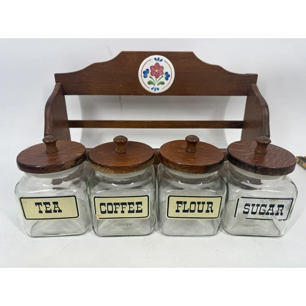 VTG Taiwan Oak Wood Glass Canister Set Farmhouse CottageCore Tea Coffee Sugar